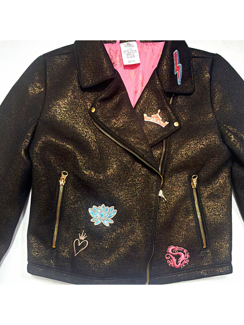 Disney Girls 11/12 Faux Leather Biker Jacket Black Gold Pink Jasmine Lined
